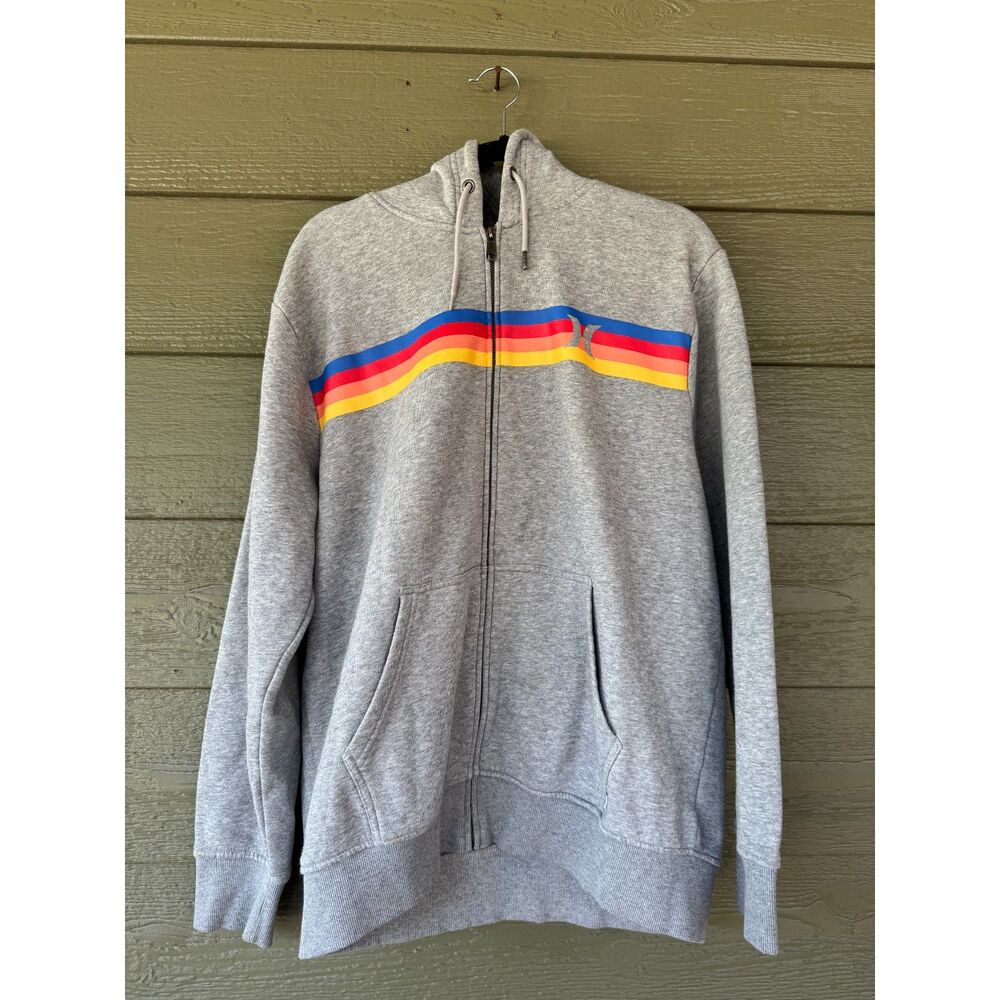 Hurley Hooded Gray Rainbow Stripes Long Sleeve Sweatshirt L